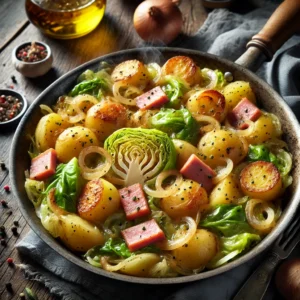 Photographie réaliste d'une poêlée de pommes de terre sautées et chou vert, accompagnée de jambon braisé et d'oignons, le tout cuit dans une sauteuse avec de l'huile d'olive. Les pommes de terre sont dorées et croustillantes, tandis que le chou vert est tendre et les oignons caramélisés. Le plat est présenté dans une sauteuse en métal sur une table en bois rustique, avec une lumière naturelle mettant en valeur les couleurs et la texture appétissante. Idéal pour un repas savoureux et complet.