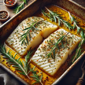 Photographie réaliste de dos de cabillaud rôtis aux herbes, présentés dans un plat au four. Les morceaux de cabillaud sont légèrement dorés, parsemés d'herbes de Provence et de romarin. Le plat est posé sur une table en bois rustique avec une lumière naturelle mettant en valeur les couleurs dorées et la texture délicate du poisson. Idéal pour un dîner rapide et savoureux.