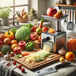 Photographie réaliste d'un plan de travail de cuisine avec des fruits et légumes frais, une mandoline pour couper les ingrédients, et des sacs de légumes surgelés. Le plan de travail est organisé avec des accessoires pratiques pour l'épluchage et la découpe. La lumière naturelle met en valeur les couleurs vives des fruits et légumes, reflétant des astuces pour cuisiner rapidement et sainement. Idéal pour illustrer des conseils de cuisine efficace.