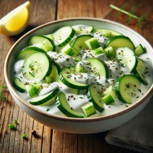 Photographie réaliste d'une salade de concombre au yaourt, avec des tranches de concombre croquantes mélangées à du yaourt nature, du poivron vert et du jus de citron, saupoudrée d'herbes de Provence. La salade est présentée dans un bol blanc sur une table en bois rustique, avec une lumière naturelle mettant en valeur les couleurs fraîches et la texture appétissante du plat. Idéale pour une entrée ou un accompagnement léger.