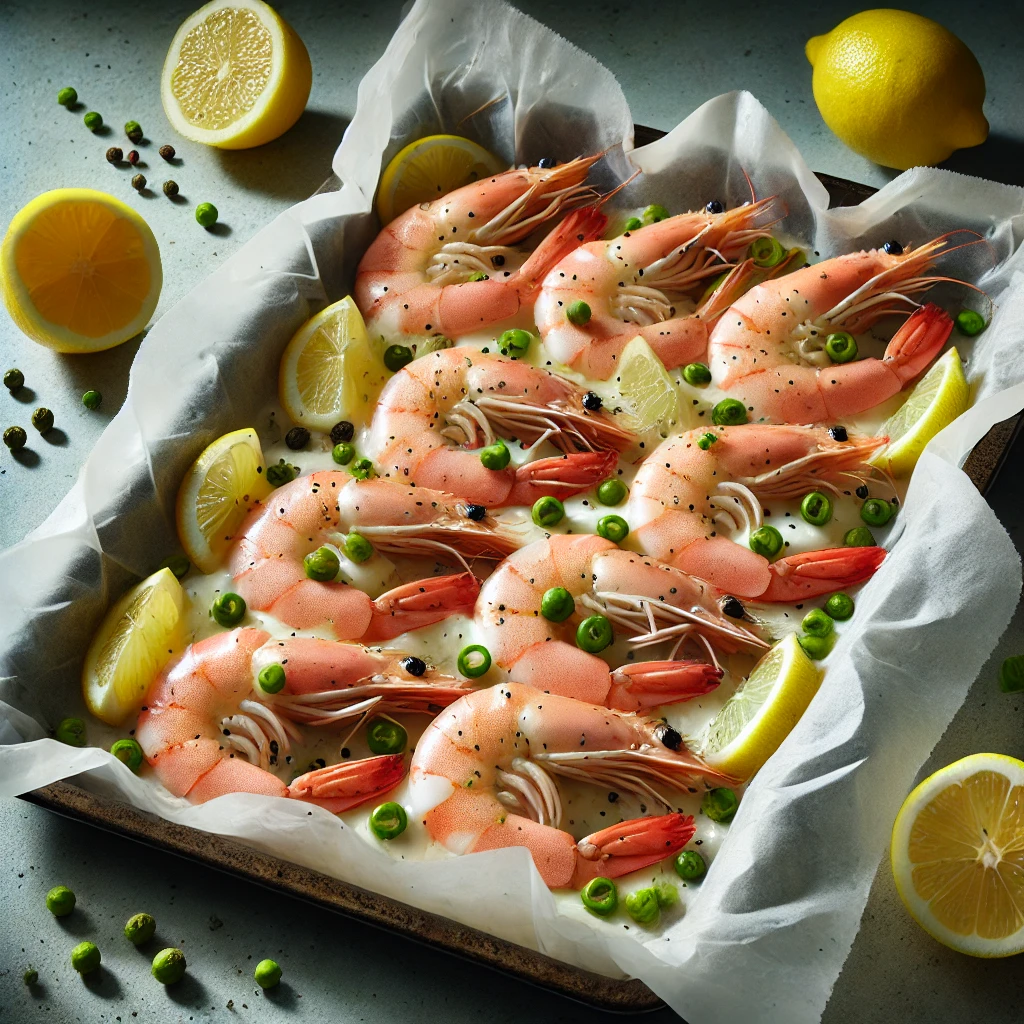 Photographie réaliste de papillotes de gambas au gingembre, garnies de crème fraîche épaisse, de poivre vert, et de tranches de citron jaune et vert. Les gambas sont décortiquées, et les papillotes sont présentées sur une plaque de cuisson, avec une lumière naturelle mettant en valeur les couleurs vives et la texture appétissante des gambas et des citrons. Idéale pour un dîner rapide et élégant.