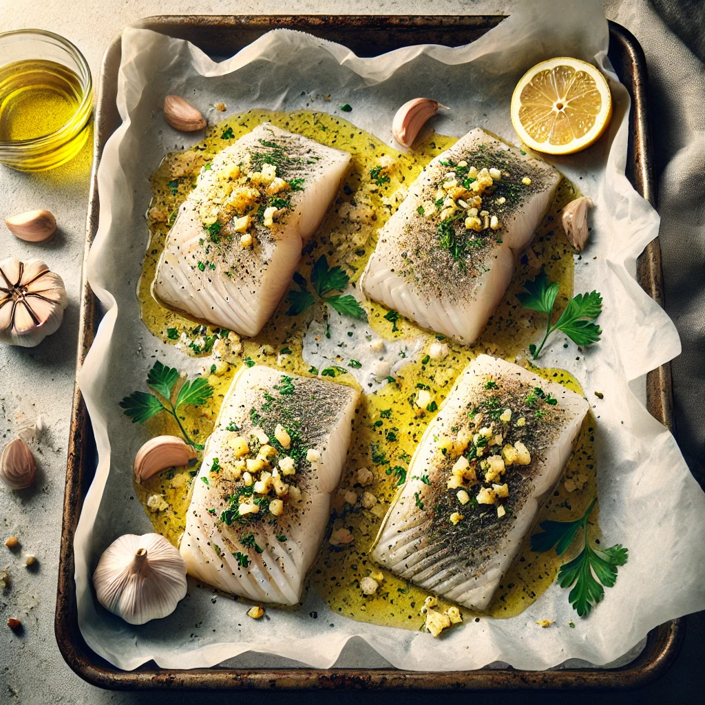 Photographie réaliste de filets de colin en papillote, disposés sur du papier sulfurisé avec de l'huile d'olive, de l'ail, de l'oignon semoule, du persil, et des cubes de court-bouillon au citron. Les filets sont placés sur une plaque de cuisson, prêts à être cuits, avec une lumière naturelle mettant en valeur les couleurs et la texture du poisson. Idéal pour un dîner rapide et élégant.