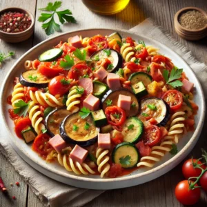 Photographie réaliste d'un plat de pâtes aux légumes du soleil, avec des pâtes complètes garnies d'aubergine, de courgette, de poivron rouge, de dés de jambon, et de sauce tomate. Les légumes sont vibrants et fraîchement cuits, mélangés à de la purée de tomate, du persil et de la ciboulette. Le plat est garni de fines herbes et présenté sur une assiette blanche rustique, posée sur une table en bois avec une lumière naturelle mettant en valeur les couleurs et textures. Idéal pour un repas d'été.