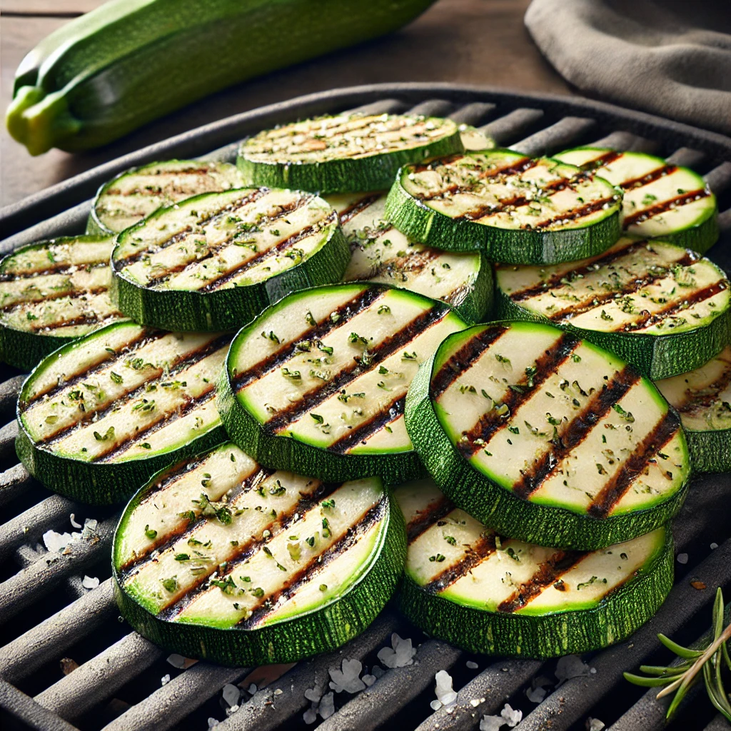 Photographie réaliste de tranches de courgettes grillées au barbecue, assaisonnées avec du sel et des herbes de Provence. Les courgettes sont grillées avec des marques de cuisson visibles, placées sur une grille de barbecue avec une lumière naturelle mettant en valeur les couleurs vives et la texture appétissante des légumes grillés. Idéales pour accompagner les grillades avec une touche légère et savoureuse.