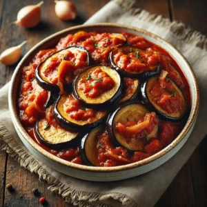 Photographie réaliste d'un plat d'aubergines à la tomate, avec des morceaux d'aubergine tendres mélangés à une sauce tomate épaisse et aromatisée au cumin et à la cannelle. Le plat est présenté dans un bol blanc rustique sur une table en bois, avec une lumière naturelle mettant en valeur les couleurs riches et la texture appétissante des aubergines et de la sauce tomate. Idéal pour un repas savoureux et réconfortant.