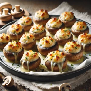 Photographie réaliste de champignons farcis pour l'apéritif, avec des champignons de Paris garnis de fromage ail et fines herbes, cuits jusqu'à ce qu'ils soient légèrement mous. Les champignons sont présentés sur une assiette blanche rustique, avec une lumière naturelle mettant en valeur leur apparence dorée et crémeuse. Idéal pour un apéritif rapide et facile.