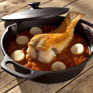 plat de queue de lotte à l'armoricaine, servie dans une cocotte en fonte avec une sauce tomate aromatique, des oignons grelots, et une touche de piment. Recette minceur et pertes de poids. Luxopuncture rochefort