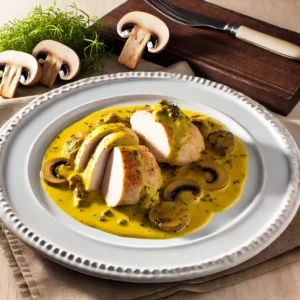 Photographie réaliste d'un plat de poulet à la moutarde, à l'estragon et aux champignons, avec des blancs de poulet émincés, des champignons de Paris et une sauce crémeuse à la moutarde, garnie d'estragon. Présenté sur une assiette blanche rustique, avec une lumière naturelle mettant en valeur les couleurs et textures appétissantes. Idéal pour un repas réconfortant d'automne.