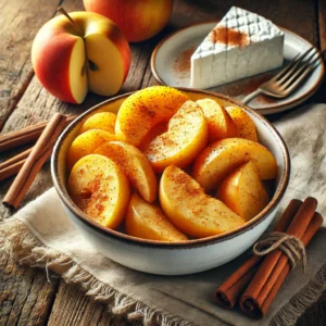 Photographie réaliste de quartiers de pommes saupoudrés de cannelle, cuits au micro-ondes, et présentés dans un bol blanc. Les pommes sont dorées et tendres, avec une touche de cannelle qui ajoute une saveur chaude et épicée. Servies chaudes ou tièdes, accompagnées de fromage blanc. Le bol est placé sur une table en bois rustique avec une lumière naturelle qui met en valeur les couleurs et la texture appétissante des pommes. Idéal pour un dessert rapide et savoureux.