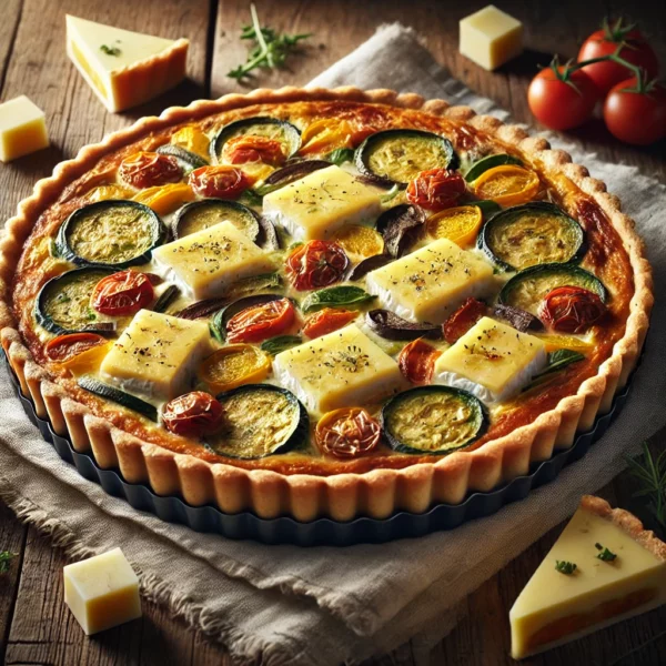 Photographie réaliste d'une quiche à la ratatouille, garnie de carrés frais et de légumes méditerranéens. La quiche est dorée et croustillante, avec une garniture crémeuse à base de ratatouille, de crème légère et d'œufs. Présentée dans un plat à tarte sur une table en bois rustique, avec une lumière naturelle mettant en valeur les couleurs vibrantes et la texture appétissante de la quiche. Idéale pour un repas complet et savoureux.