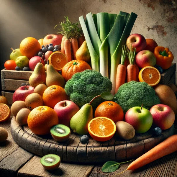 bouquet de fruit et legume de saison d'hivers disposer sur une table en bois