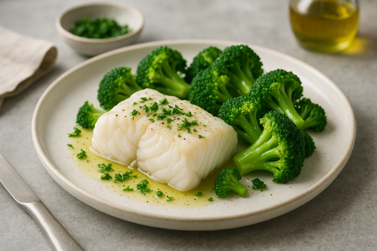 Cabillaud au four, brocoli vapeur et citron