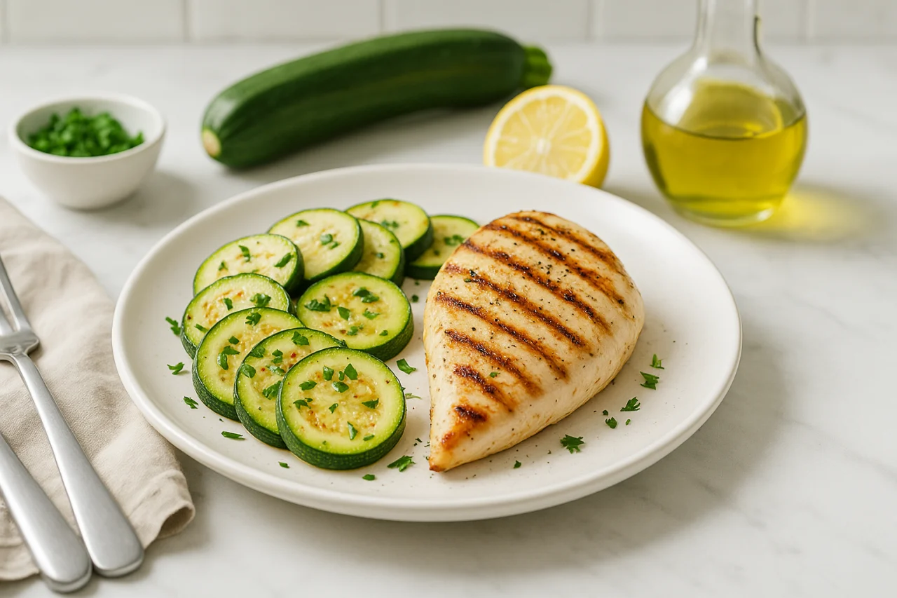 Blanc de poulet grillé et courgettes