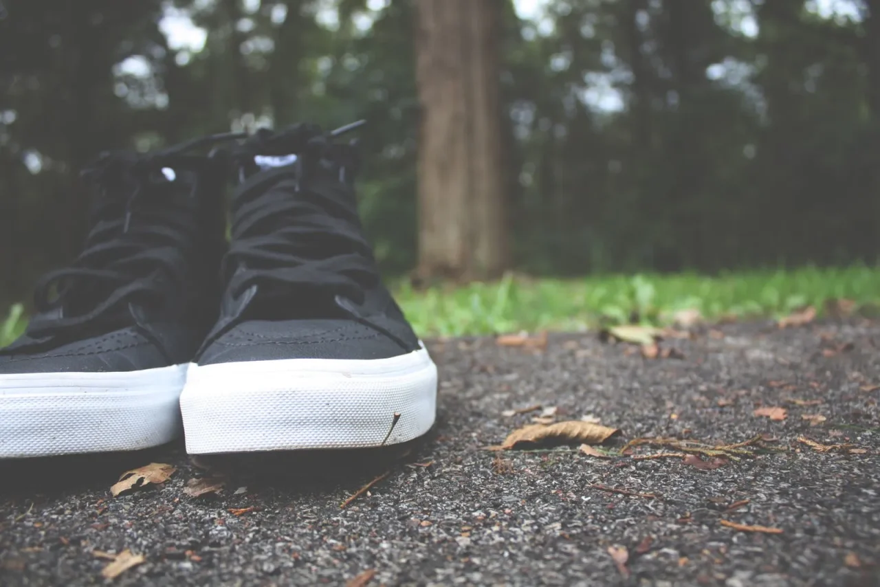 Des baskets sur un chemin, en lisière de forêt
